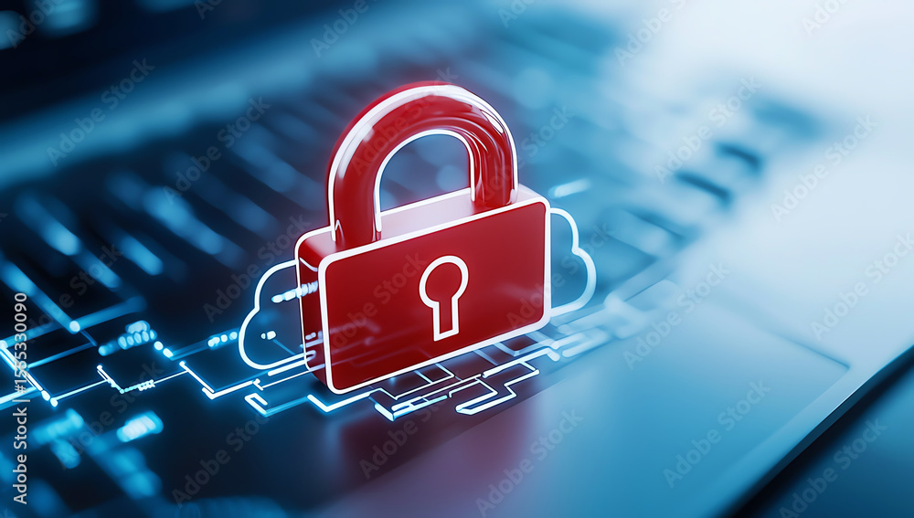 Aufkleber digital representation of red padlock icon symbolizes security and protection on blue background, em