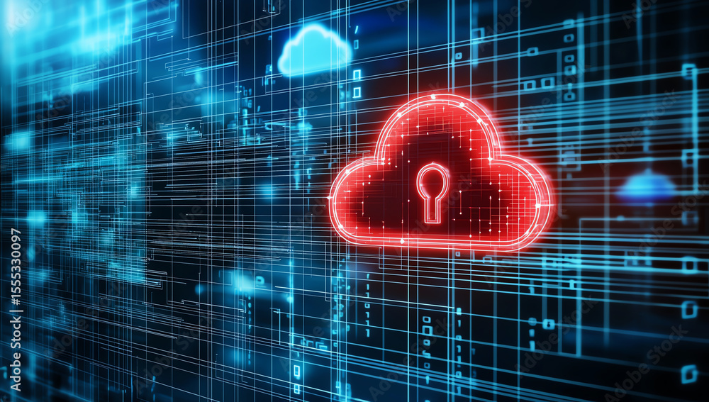 Poster digital illustration of red cloud icon with padlock symbol, representing cloud security and data pro
