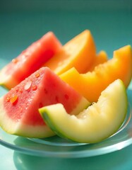 A close-up of a clear glass plate with a minimalist arrangement of summer fruits, with perfectly sliced watermelon, cantaloupe, and honeydew melon, glistening with morning dew on a cool summer morning