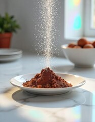 A dusting of fine, white confectioner's sugar over a mound of cocoa powder on a ceramic plate, set on a clean, white marble countertop in a brightly lit kitchen.