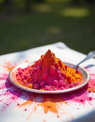 A pile of vibrant, colorful Holi powder on a silver platter, scattered across a white linen tablecloth outdoors during a daytime celebration.