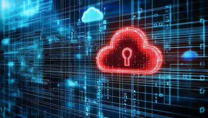 Digital illustration of red cloud icon with padlock symbol, representing cloud security and data protection, set against blue technological background filled with data streams and cloud motifs