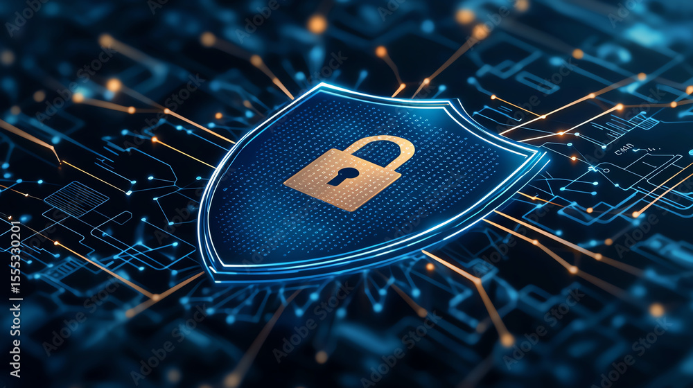 Aufkleber blue digital shield with illuminated padlock symbolizes cybersecurity and protection against online 