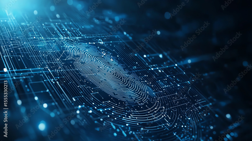 Poster biometric identification concept featuring fingerprint design integrated with digital circuitry, sym