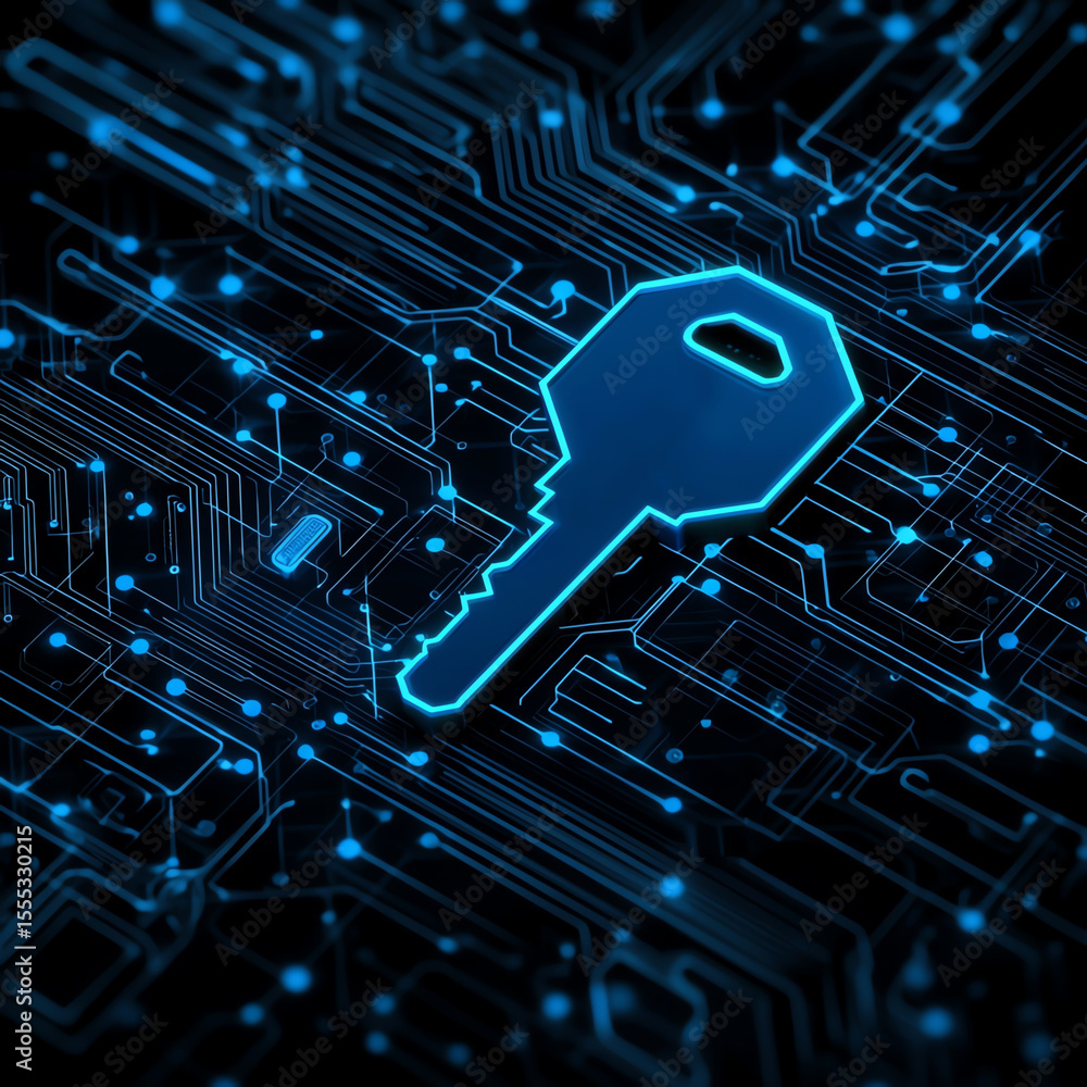 Poster blue key is prominently displayed against dark background filled with digital circuit patterns, symb