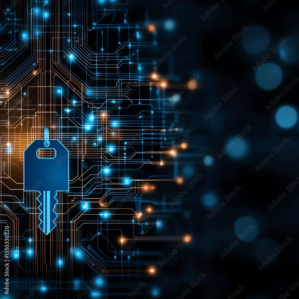 Poster blue key icon is prominently displayed against backdrop of intricate circuit patterns, symbolizing s
