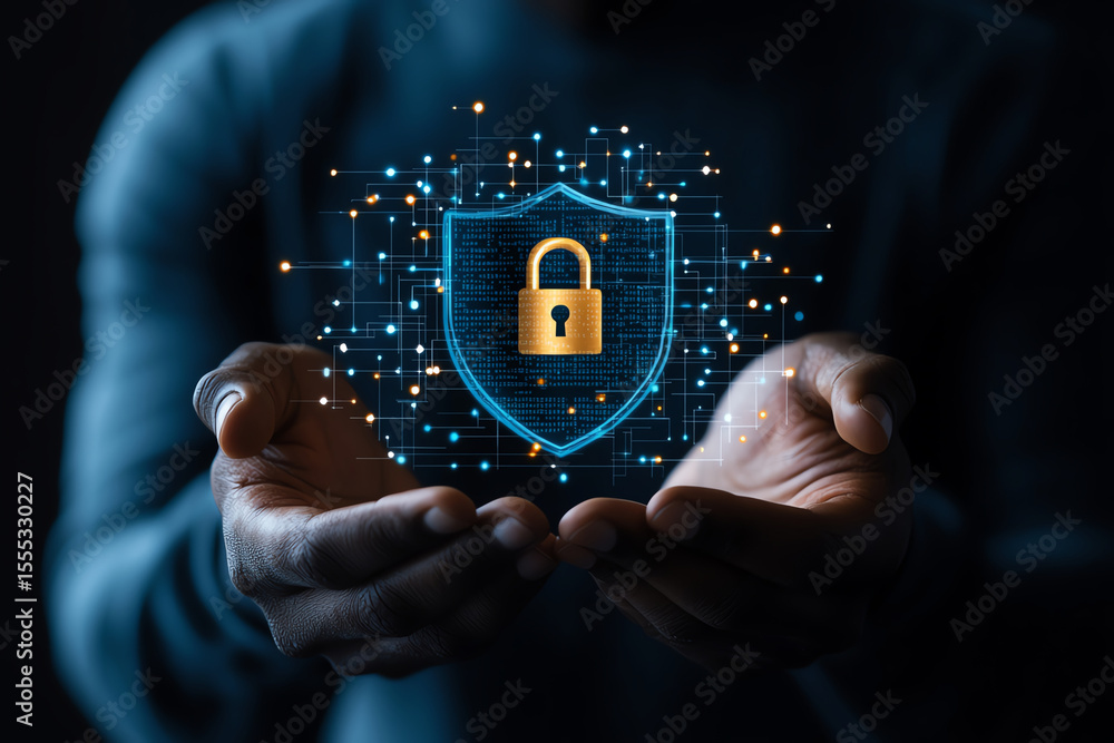 Poster secure digital protection is represented by businessman holding virtual padlock within shield, symbo