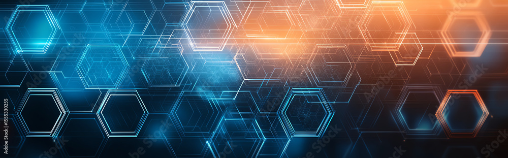 Poster digital abstract background featuring glowing hexagonal patterns in blue and orange tones, creating 