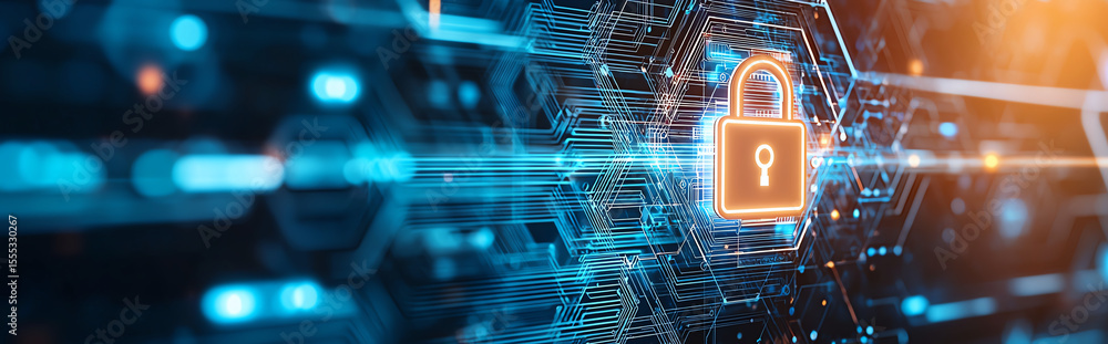 Poster digital abstract background featuring glowing security elements, showcasing padlock symbol amidst ne