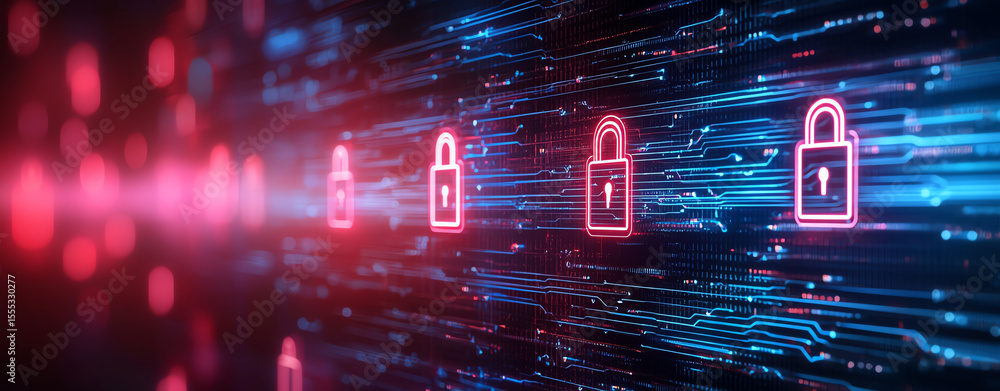 Poster digital background featuring multiple red padlocks on circuit board design, symbolizing security and