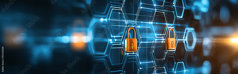 Poster digital background featuring security symbols, including padlocks and interconnected hexagons, conve