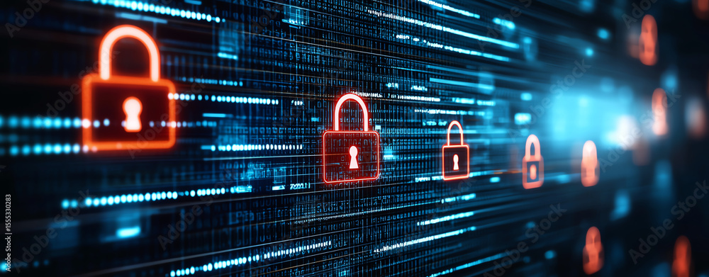 Poster digital background featuring multiple red padlock icons, symbolizing security and protection in tech