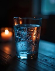 A close-up of a clear glass of water with condensation droplets, set on a dark wooden table in a dimly lit room, creating a romantic atmosphere with soft candlelight reflecting in the water.