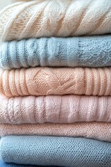 A neatly stacked pile of pastel-colored knit sweaters exhibits soft texture and gentle hues