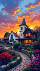 A picturesque scene of three charming houses on a vibrant hillside at sunset, capturing the essence of Impressionism with a splash of color.