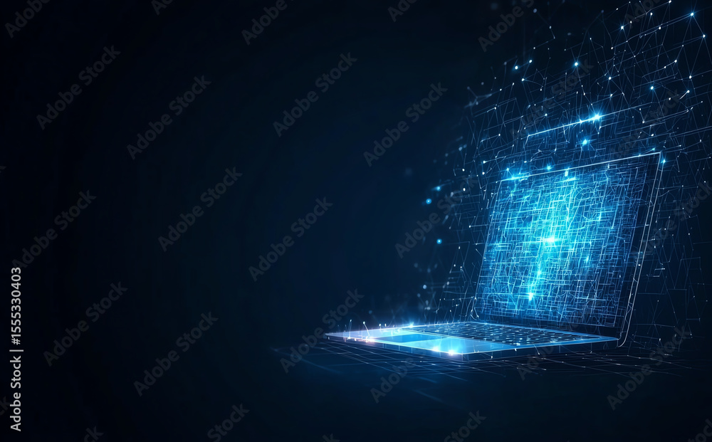 Poster glowing laptop with digital particles emanating from its screen, representing technology and innovat