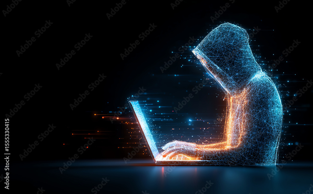 Poster digital representation of hacker in hooded sweatshirt, working on laptop. figure is composed of glow