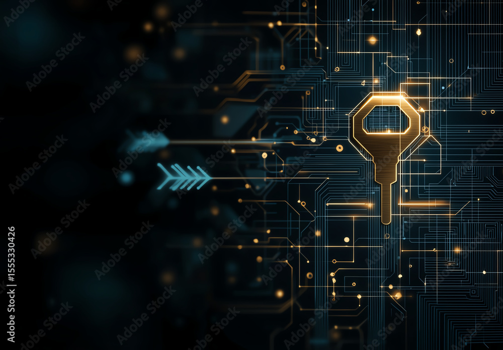Poster digital key symbol surrounded by intricate circuit patterns and glowing elements represents security