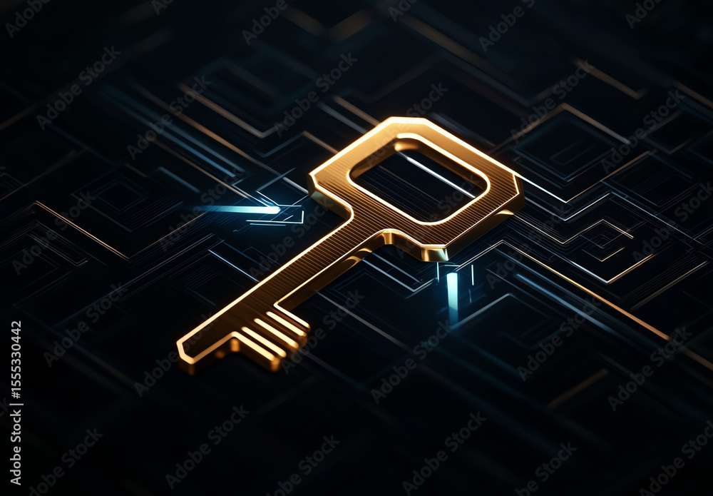 Aufkleber golden key rests on dark, intricate background filled with digital patterns and glowing lines, symbo