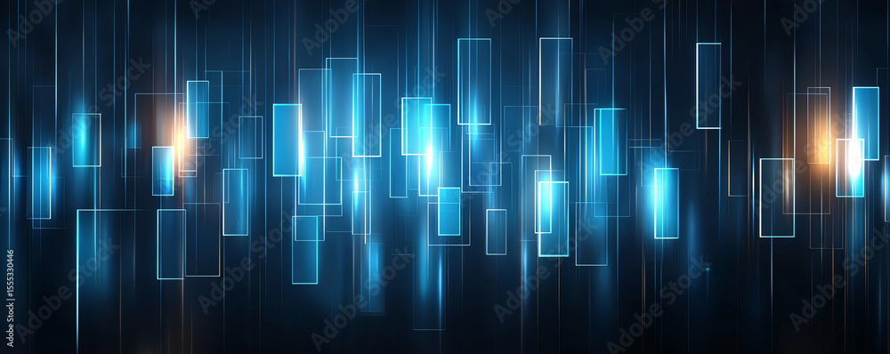 Poster vibrant digital background featuring glowing blue and orange rectangles against dark backdrop, creat