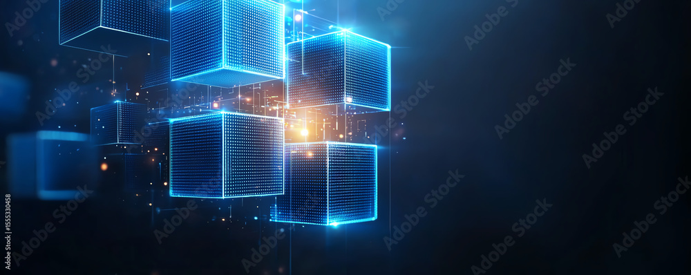 Poster digital cubes with glowing blue edges float in dark space, creating futuristic and technological atm