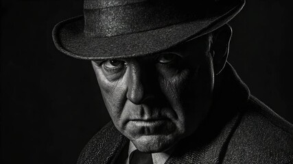 Grizzled detective in hat and trench coat gazing off into the distance, embodying film noir genre and aura of mystery. - Powered by Adobe