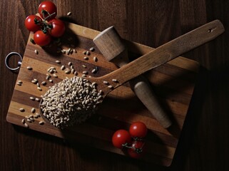 Rustic still life with raw wheat grains in wooden spoons, cherry tomatoes, and kitchen tools on a...