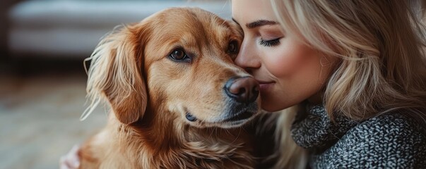 National dog day with cute companion idea. Loving bond between woman and her golden retriever dog.