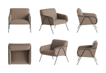 Set of six views of an elegant modern armchair with beige leather cover and black metal legs isolated on a transparent background. Front view, top view, two sides, and two perspectives. 3d render