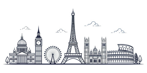 Black and White Line Art Skyline of European Cities - Travel Landmark Illustration

