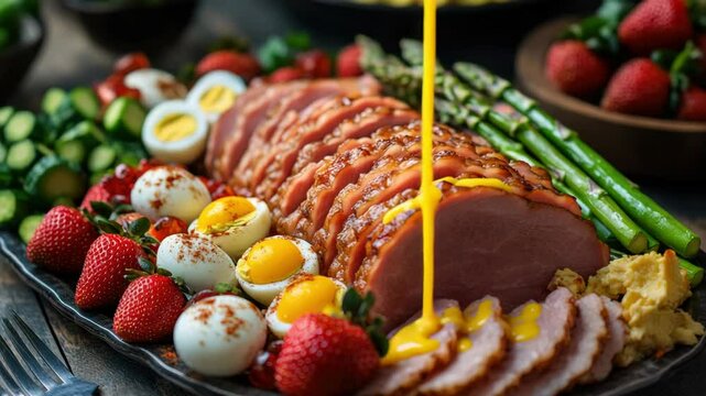 Colorful platter of pork roast with assorted vegetables and eggs on a wooden table.