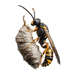 Side view of a black and yellow striped ichneumon wasp larva emerging from cocoon, macro insect realism, 8K transparent PNG