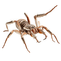Side view of a camel spider with segmented legs and hairy body, realistic desert tones and menacing mandibles, isolated 8K transparent PNG