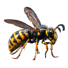 Side view of a realistic wasp with curled stinger, bold black-and-yellow pattern, slightly lifted wings and legs, transparent 8K PNG in sharp macro render style