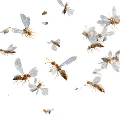 Swarm of flying ants in various angles, aerial view simulation, translucent wings with motion blur, individual insect detail preserved, white-to-transparent background, commercial design setting