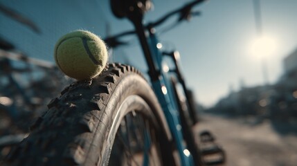 A Tennis Ball Perched on a Bicycle Tire