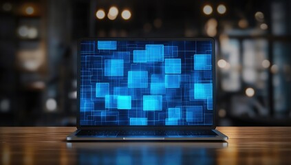 Laptop displays blue squares on a glossy wooden surface, lights blurred in background