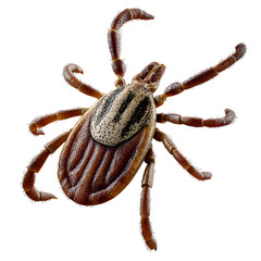 Tick macro detail, eight-legged spider-like insect with ridged back and piercing mouthpart, brown-black tone with soft highlight, isolated 8K PNG