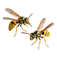 Two wasps facing opposite directions, dark wing shadows and sharp abdominal markings, crisp outlines and natural posture, isolated for 8K transparent render