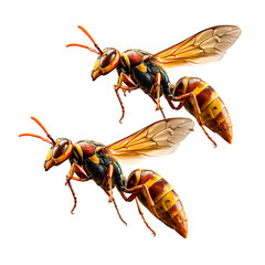 Two wasps flying near each other, stingers visible, natural pose and balance, insect wing motion blur, high-resolution macro render with transparent background