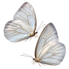 Two white butterflies flying diagonally, wings spread and semi-overlapping, detailed wing veins and edges, balanced symmetry, isolated on transparent background, 8K ultra-photoreal PNG