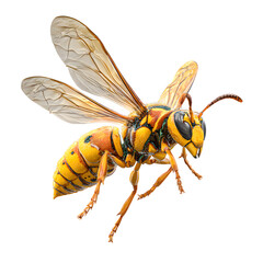Yellow wasp flying, wings motion-blur frozen, detailed body segments, isolated transparent PNG, 8K sharpness.