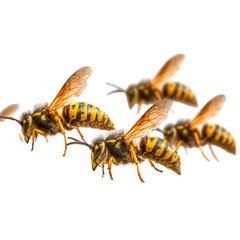 Yellowjackets and bees flying in mixed group, sharp contrast on wing layers, macro realism lighting, isolated transparent PNG with white studio lighting setup