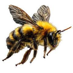 Yellow-black striped bee landing, side view mid-pose, wing motion blur subtle, crisp fur texture on body, high-res transparent PNG, stock-ready in 8K