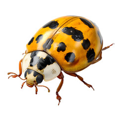 Yellow-orange ladybug with black spots crawling sideways, detailed leg pose and antennae visible, glossy reflective shell, transparent PNG with soft shadow for realism