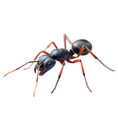 Ant mimic spider in mid-crawl, slender body mimicking ant segments, matte black with reddish legs, macro detail, 8K transparent PNG