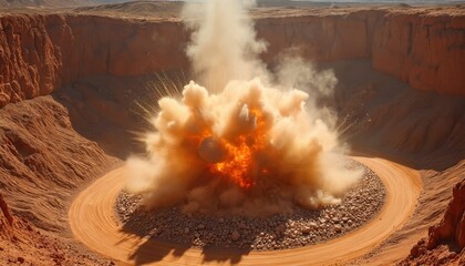 Explosive rock blasting in desert quarry creates cloud of dust, debris. Powerful demolition, energy, force unleash destructive blast. Quarry, mining, construction, impact. Red, brown rocks in desert