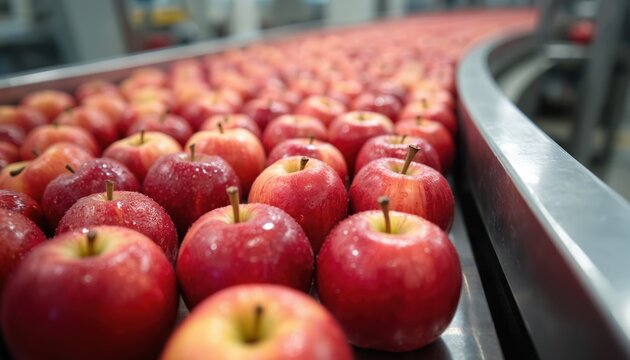 Fresh red apples move along a conveyor belt in food processing factory. Apples after washing, ready sorting packaging for sale. Agriculture harvest, organic fruit farm, quality control concept.
