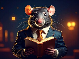 Abstract illustration of a mouse wearing a suit and bow tie, reading a book 
