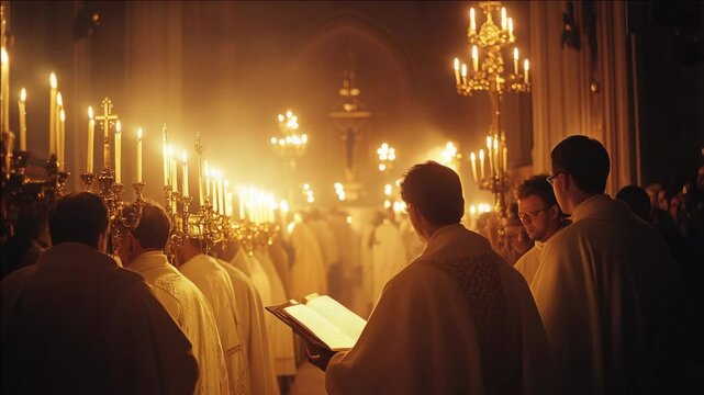 Catholic priests performing a liturgy with candles in the church.